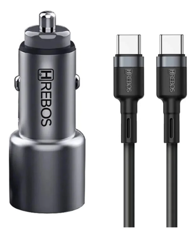 Imagem 1 de 5 do produto Carregador Veicular Duplo Hrebos Turbo + Cabo Tipo C
