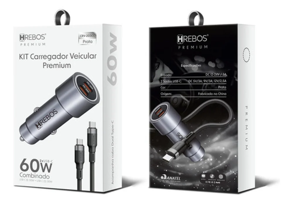 Imagem 5 de 5 do produto Carregador Veicular Duplo Hrebos Turbo + Cabo Tipo C