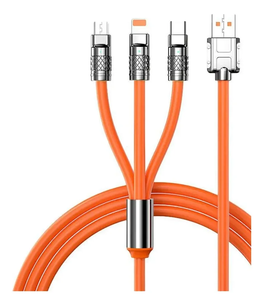Cabo Carregador Multi Usb 3 Em 1 Ultra Rápido 120w 6a Cor Laranja