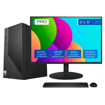 Computador Completo Bluepc Pro - Intel Core i5 12400f (12ª Geração), 16gb Ddr4, SSD 512gb, Gráficos Geforce, Fonte 500w,windows 11 Pro, Monitor 21.5"