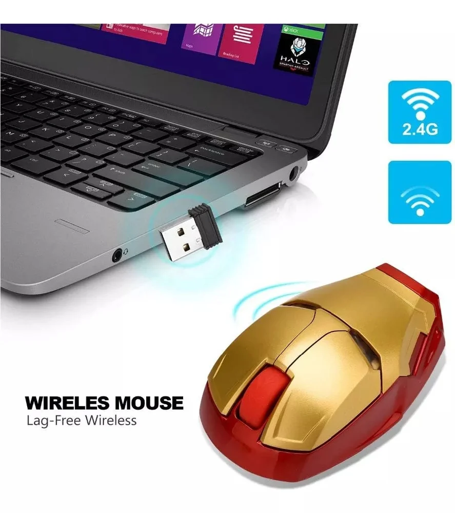 Imagem 4 de 5 do produto Mouse Sem Fio Homem De Ferro Wireless 2.4g Mouse Óptico Para Computador Desktop Laptop PC Mac Dourado