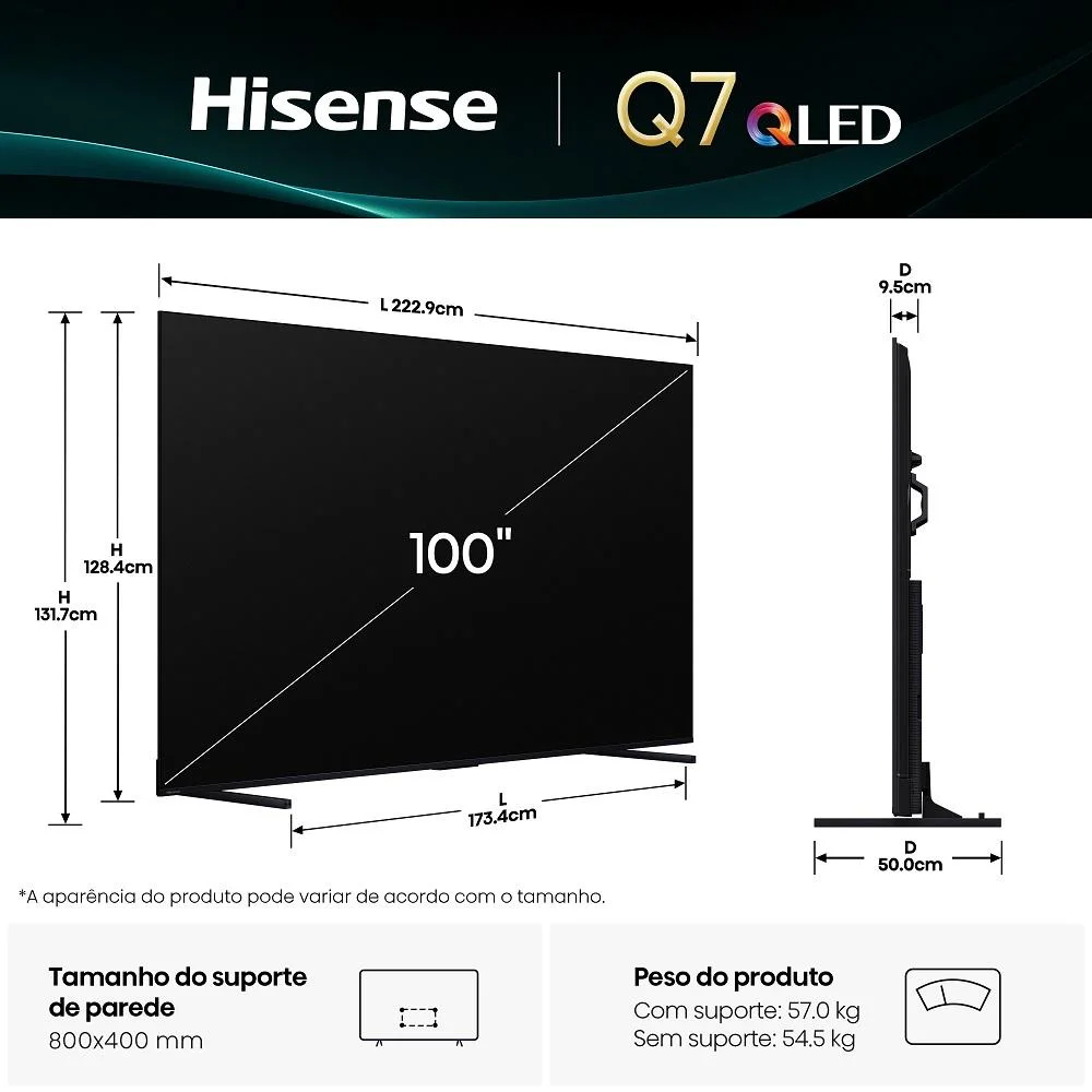 Smart TV Hisense QLED 4K 100" 100Q7QG com Processador AI Dolby Vision HDR10+ Adaptative HLG Filmmaker Mode Dolby Gaming Dolby Atmos e Alexa Smart TV Hisense QLED 4K 100" 100Q7QG com Processador AI Dolby Vision HDR10+ Adaptative HLG Filmmaker Mode Dolby Gaming Dolby Atmos e Alexa