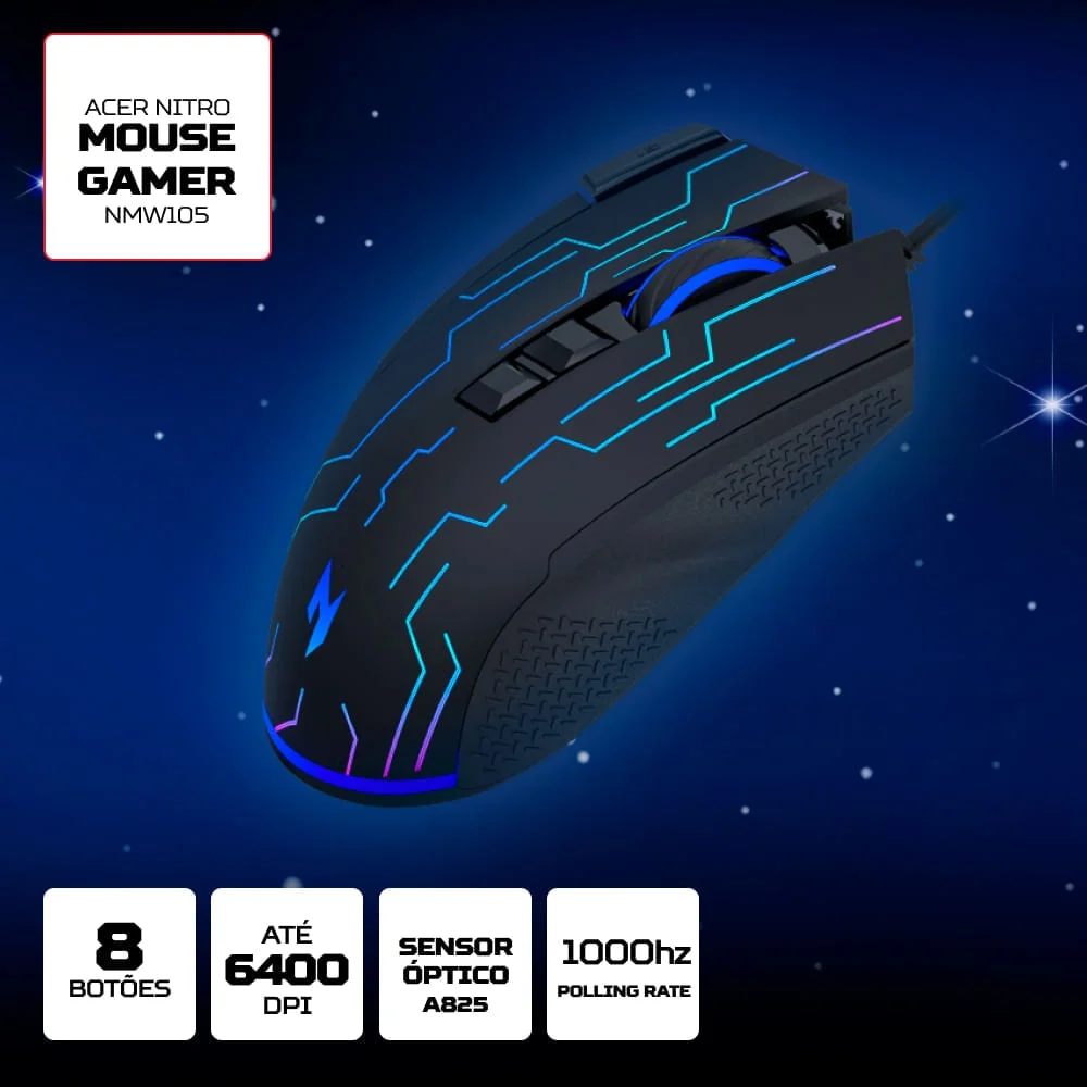 Imagem 2 de 5 do produto Mouse Gamer Acer Nitro 6400 Dpi Nmw105 RGB 100 Ips Aceleração 22.5g