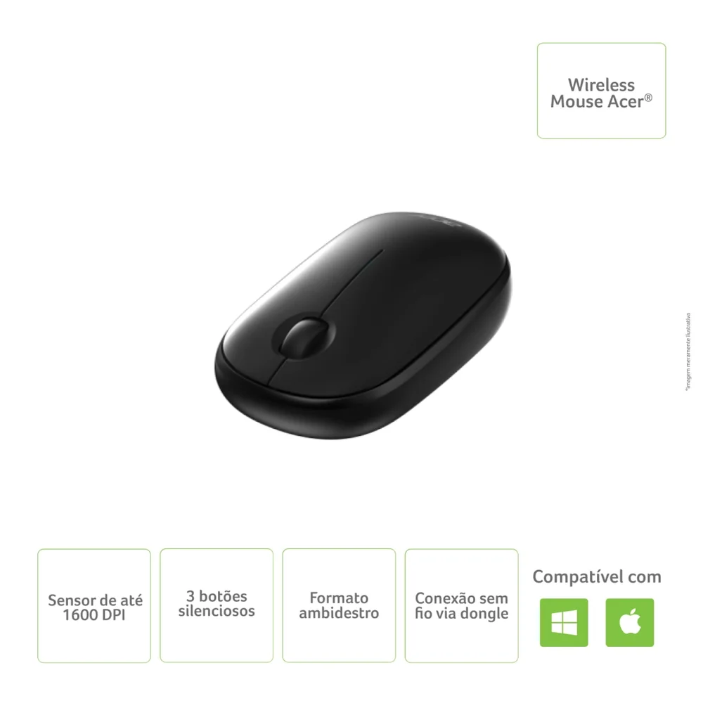 Imagem 2 de 4 do produto Mouse Acer 1600 Dpi Amr100 Preto Sem Cabo