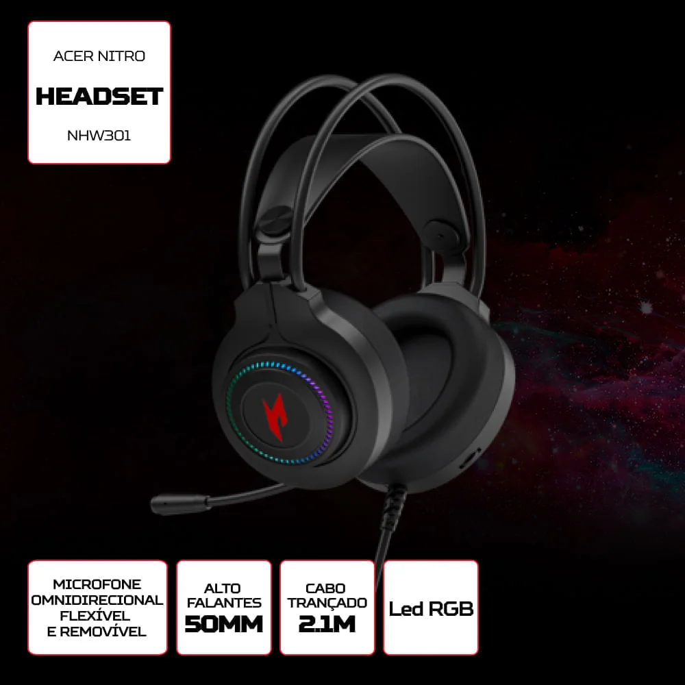 Imagem 5 de 5 do produto Headset Gamer Acer Nitro Nhw301 Gen 3 Microfone Flexível RGB