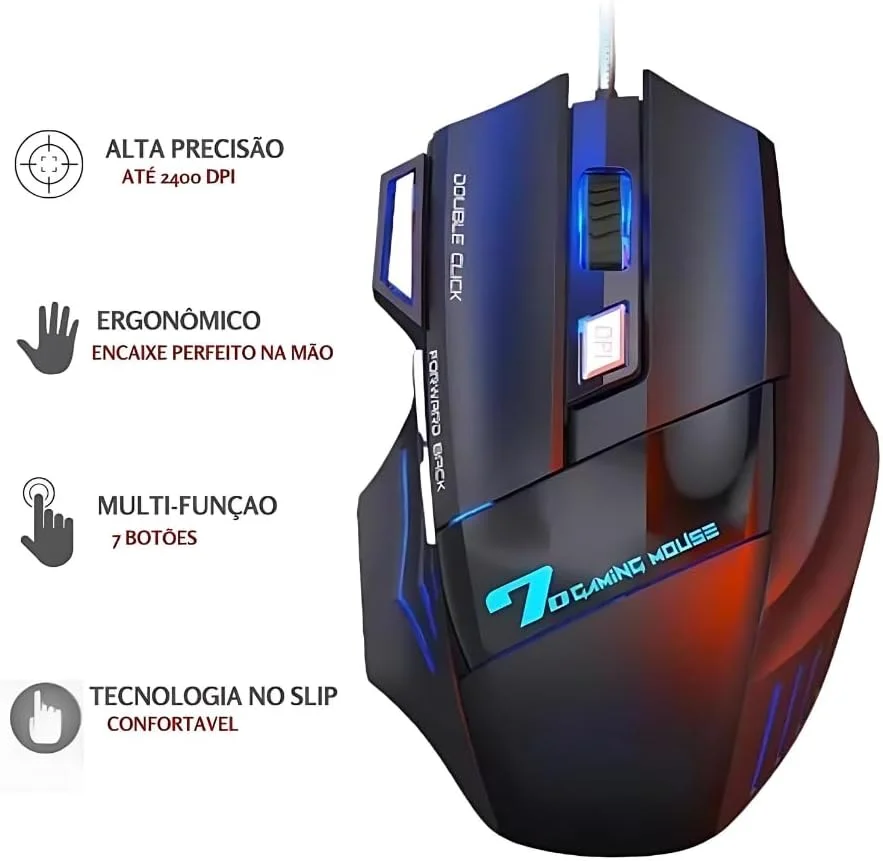 Imagem 5 de 5 do produto Mouse Gamer X7 Gaming 7 Botões Iluminação LED RGB E Sensor Óptico De 3200 Dpi