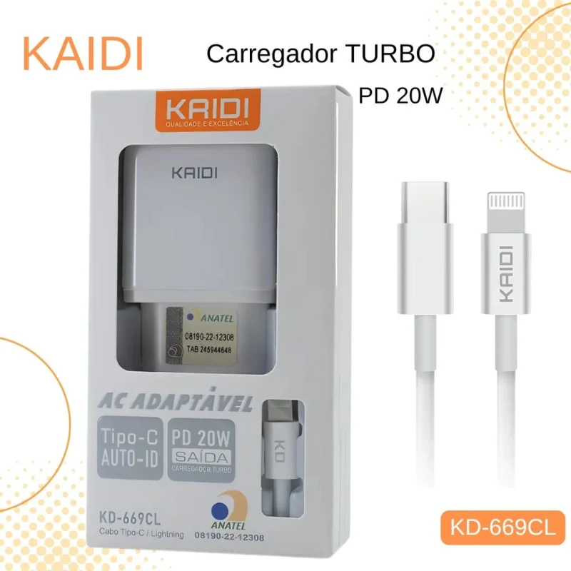 Imagem 3 de 5 do produto Carregador Celular Kaidi Kd-669 Cl Tipo C- Lightning Turbo 20w cor Branco ótima qualidade