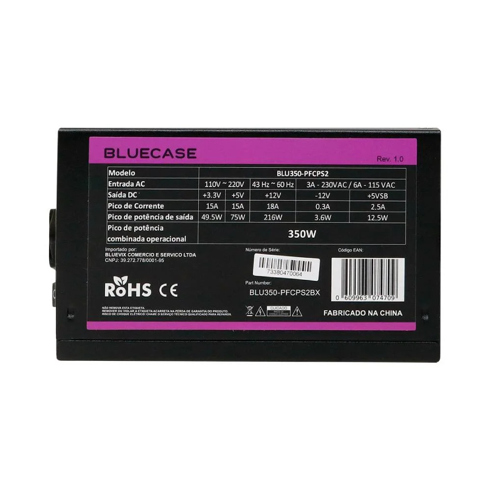 Imagem 4 de 5 do produto Fonte De Alimentação Bluecase Atx Ps/2 350w Pfc Ativo C/ Cabo - Blu350-pfcps2bx