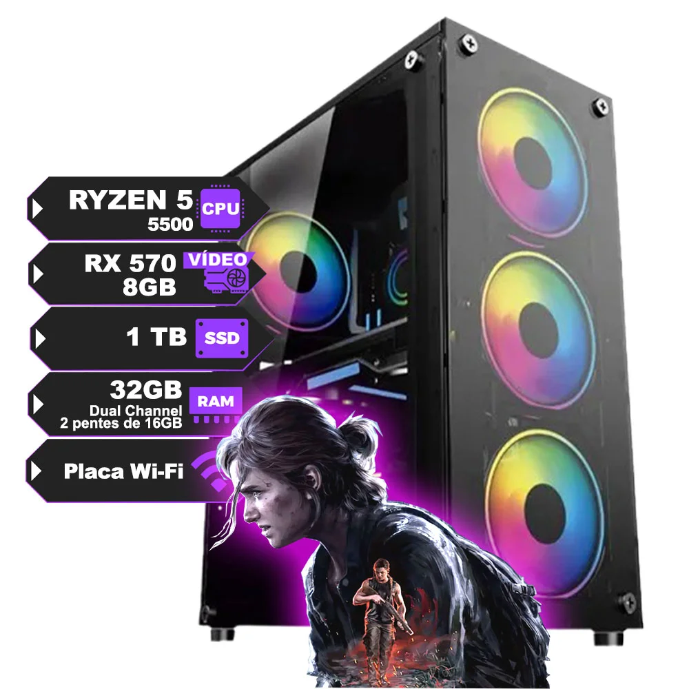 デスクトップPC Ryzen 5 5500 RAM 32GB SSD 1TB PC GAMER RYZEN 5 5500, 32GB 3200MHZ, SSD M.2 NVME 1TB RX 580