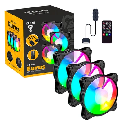 Kit 3 Cooler Fan Ventoinha Eurus ARGB 120mm Controladora Clanm