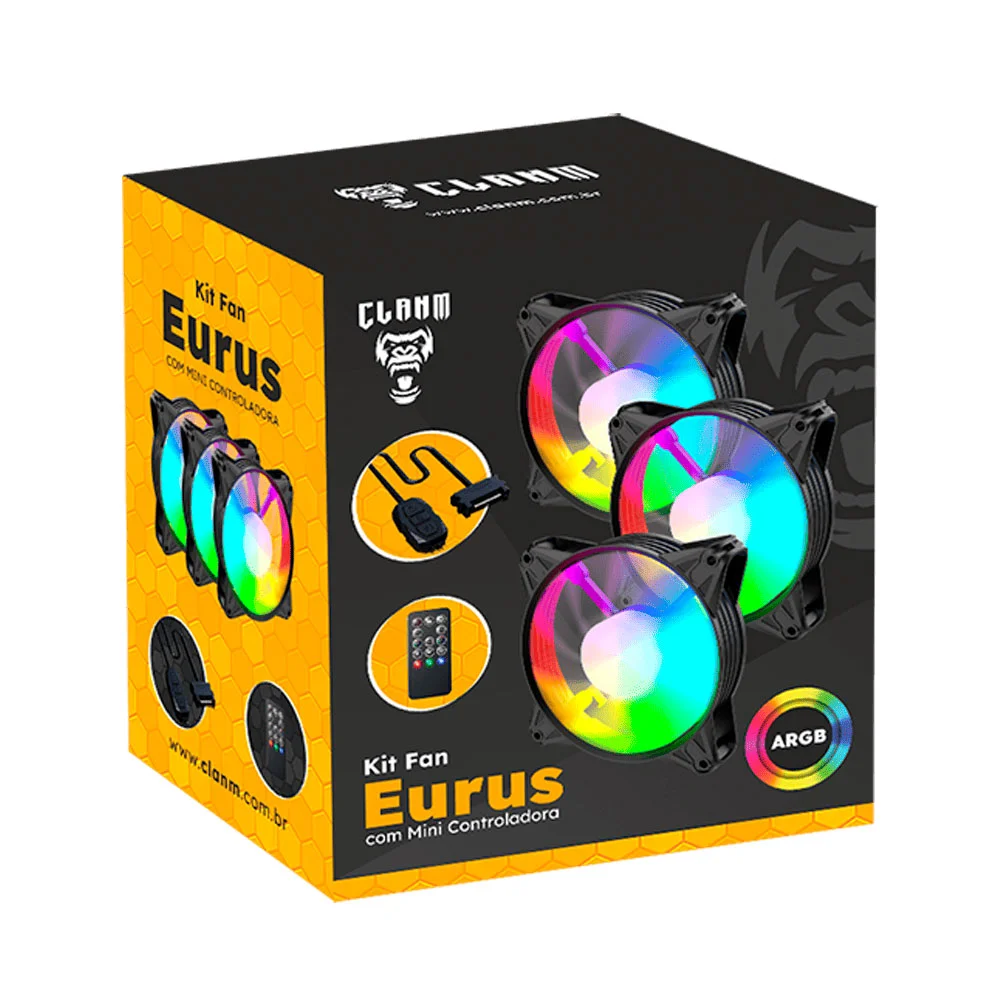 Kit 3 Cooler Fan Ventoinha Eurus ARGB 120mm Controladora Clanm 8