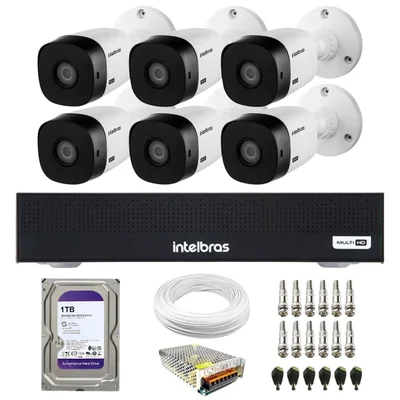 Kit 6 Câmeras Intelbras Vhl 1120 B Hdcvi Hd 720p Visão Noturna 20m Ip66 + Dvr Mhdx 1108-c + Hd 1TB