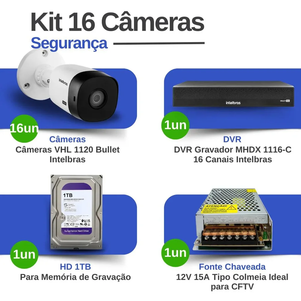 Imagem 2 de 3 do produto Kit 16 Câmeras Intelbras Vhl 1120 B Hdcvi Hd 720p Visão Noturna 20m Ip66 + Dvr Mhdx 1116-c + Hd 1TB