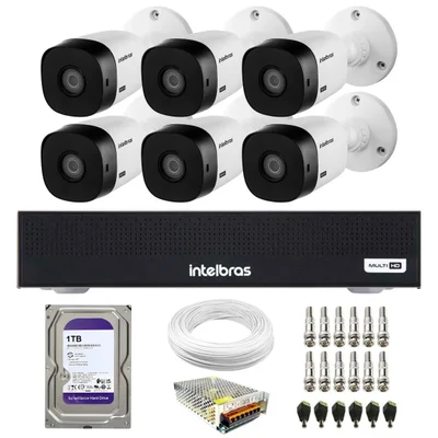 Kit 6 Câmeras Intelbras Vhl 1220 B G8 Bullet Full Hd 1080p Infra 20m Ip66 + Dvr Mhdx 1108-c + Hd 1TB