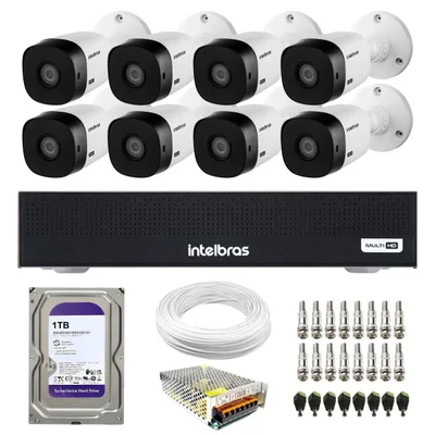Kit 8 Câmeras Intelbras Vhl 1220 B G8 Bullet Full Hd 1080p Infra 20m Ip66 + Dvr Mhdx 1108c + Hd 1TB