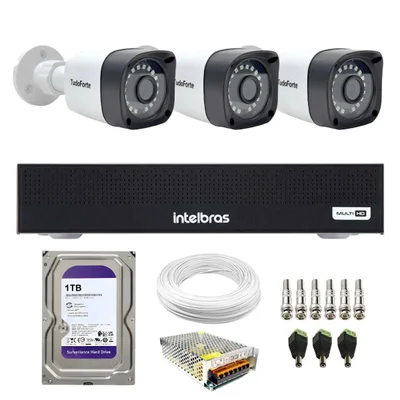 Kit 3 Câmeras Tudo Forte Full Hd Bullet Visão 20m + Dvr Intelbras Mhdx 1104-c 4 Canais + Hd 1TB