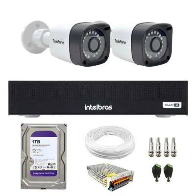 Kit 2 Câmeras Tudo Forte Full Hd Bullet Visão 20m Ip66 + Dvr Intelbras Mhdx 1104c 4 Canais + Hd 1TB