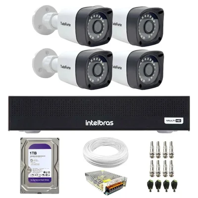Kit 4 Câmeras Tudo Forte Full Hd 1080p Bullet Visão 20m + Dvr Intelbras Mhdx 1104c 4 Canais + Hd 1TB