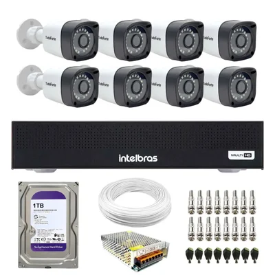 Kit 8 Câmeras Tudo Forte Full Hd 1080p Bullet Visão 20m + Dvr Intelbras Mhdx 1108c 8 Canais + Hd 1TB
