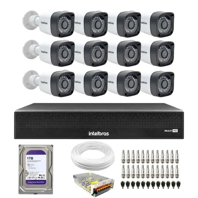 Kit 12 Câmeras Tudo Forte Full Hd Bullet Visão 20m + Dvr Intelbras Mhdx 1116c 16 Canais + Hd 1TB