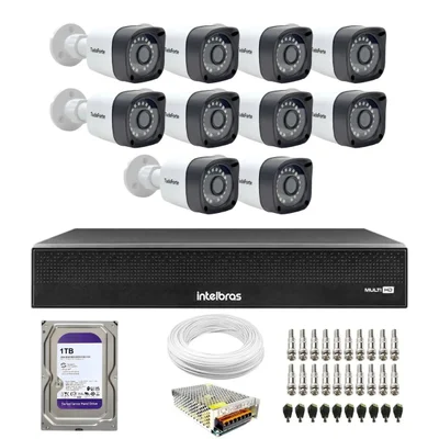 Kit 10 Câmeras Tudo Forte Full Hd Bullet Visão 20m + Dvr Intelbras Mhdx 1116-c 16 Canais + Hd 1TB