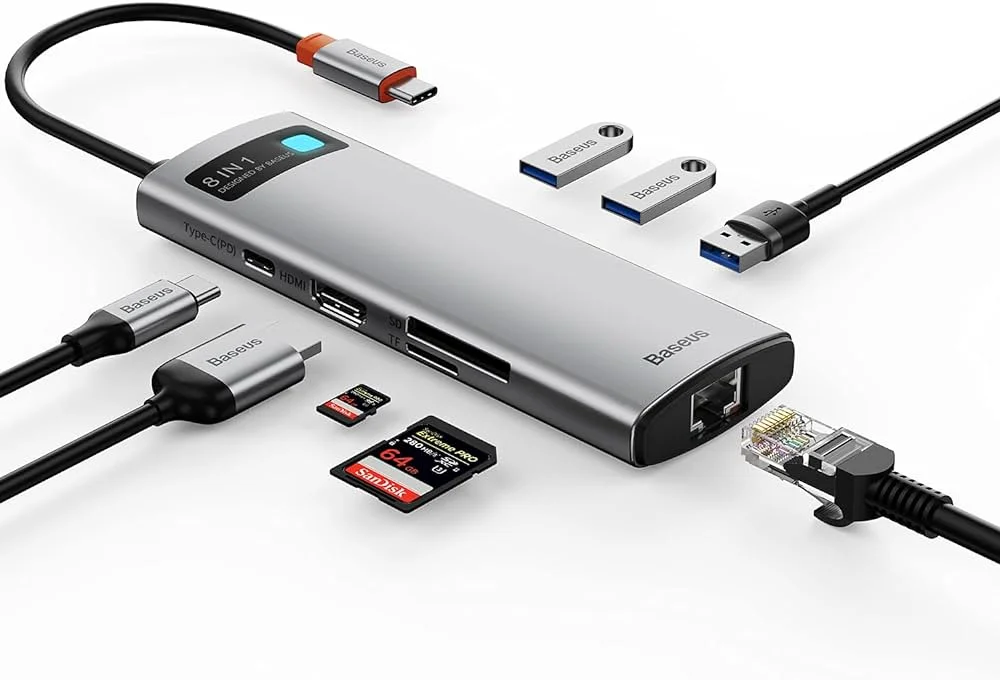 Imagem 2 de 4 do produto HUB Multifuncional Baseus Metal Gleam 8 em 1 (USB-C para HDMI*1+USB3.0*3+PD*1+RJ45*1+SD/TF*1)