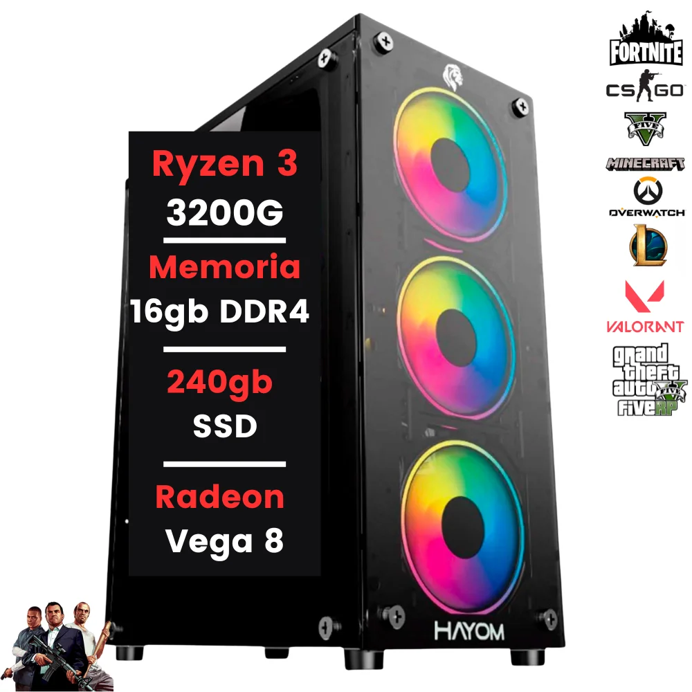Computador Cpu Gamer Ryzen 3 3200g 16gb Ddr4 240GB SSD Gabinete LED RGB Com Adaptador Wifi
