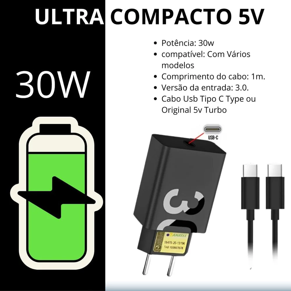 Imagem 2 de 5 do produto Carregador Turbo 30w Compatível Com Motorola + Cabo Usb-c