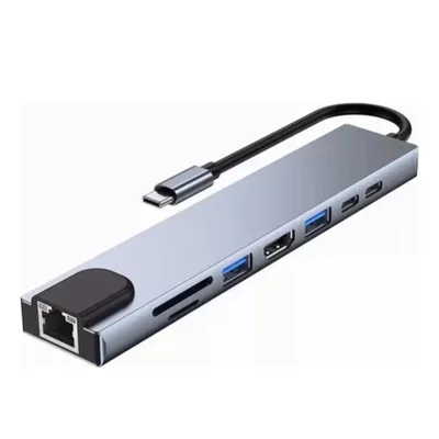 Hub Usb-c 8 Em 1 Com HDMI 4k, Ethernet Rj45, Carregamento Pd, 2 Portas Usb 3.0, Leitor Sd
