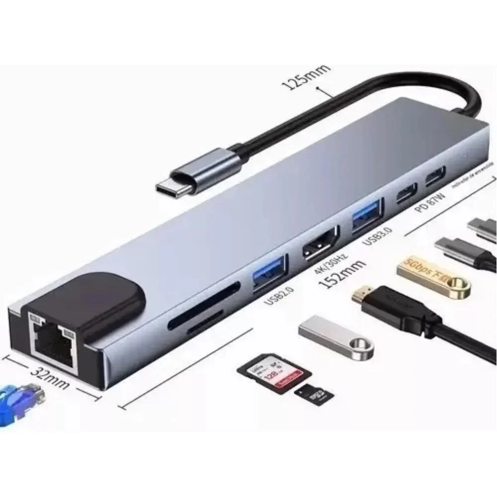 Imagem 3 de 5 do produto Hub Usb-c 8 Em 1 Com HDMI 4k, Ethernet Rj45, Carregamento Pd, 2 Portas Usb 3.0, Leitor Sd