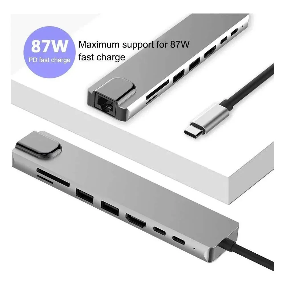 Imagem 5 de 5 do produto Hub Usb-c 8 Em 1 Com HDMI 4k, Ethernet Rj45, Carregamento Pd, 2 Portas Usb 3.0, Leitor Sd
