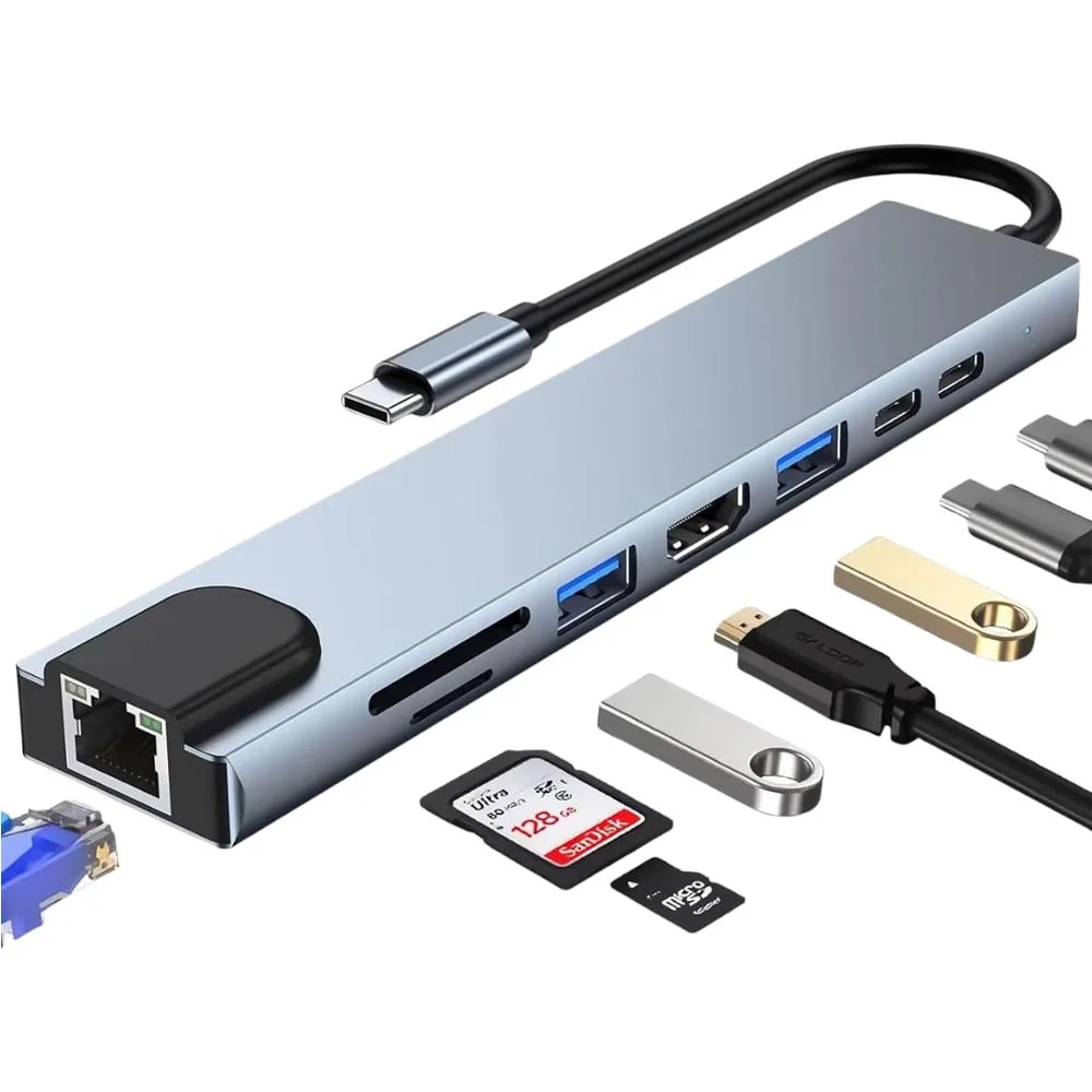Imagem 2 de 5 do produto Adaptador Hub Usb-c 8 Em 1 Saída HDMI 4k Thunderbolt 3 Compativel Com Macbook