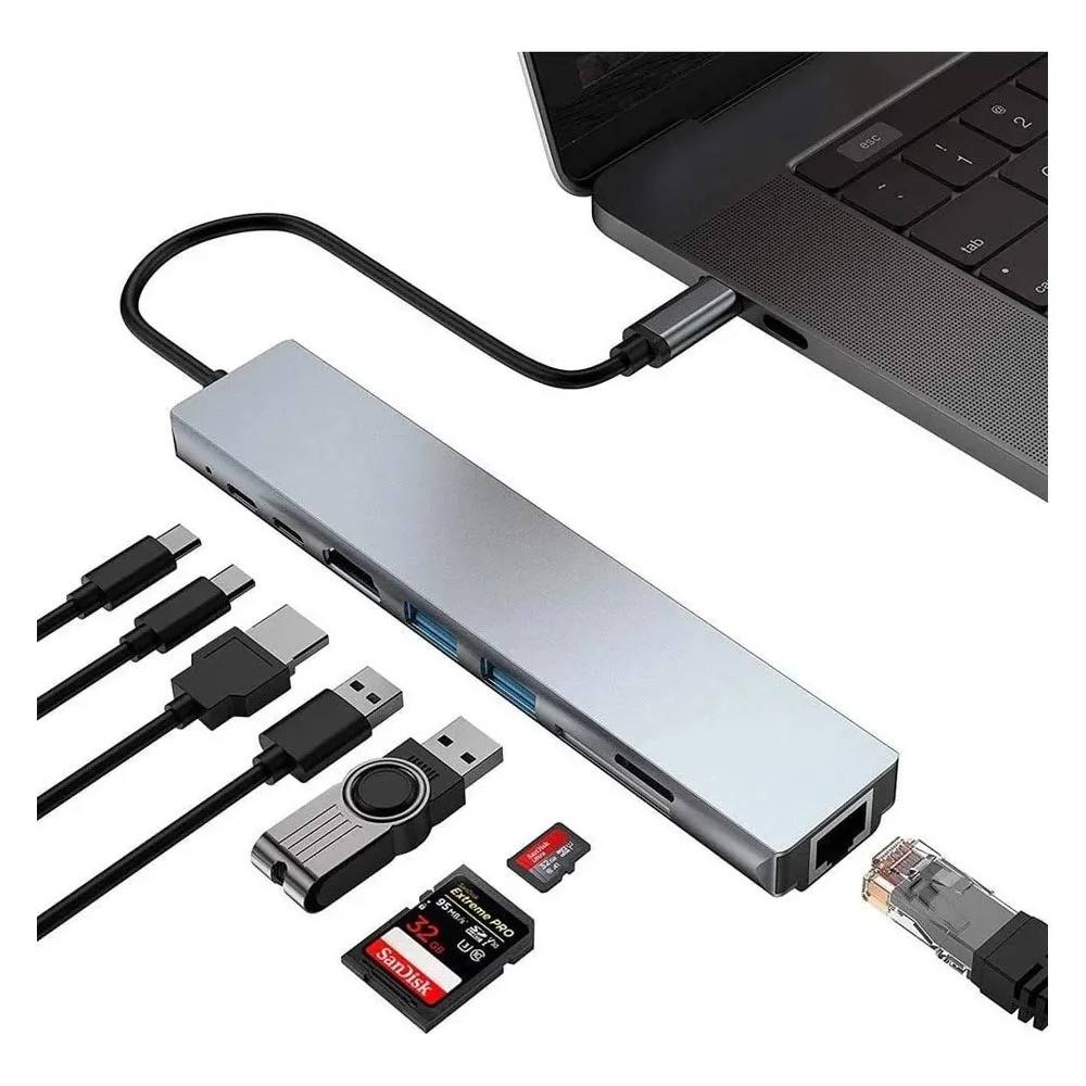 Imagem 4 de 5 do produto Adaptador Hub Usb-c 8 Em 1 Saída HDMI 4k Thunderbolt 3 Compativel Com Macbook