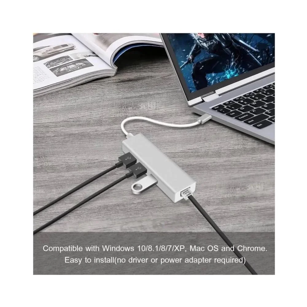 Imagem 3 de 3 do produto Adaptador De Hub Usb 3 Portas 1 Rede 2.0 Ethernet Compativel Com Mac E WINDOWS