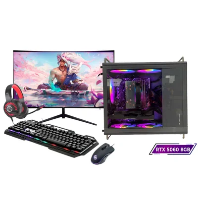 Computador Gamer Intel i9 11ª 64gb Ram, SSD 1TB, RTX 5060 8GB, Monitor 23" Curvo Preto, Gabinete Tiny Pro Cinza