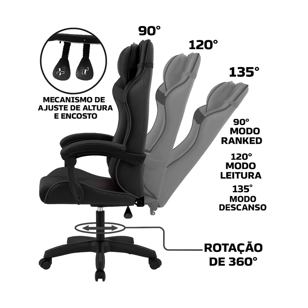 Imagem 2 de 5 do produto Cadeira Gamer Escritório Reclinável Ergonômica Giratória Com Rodinhas X-on - Preto