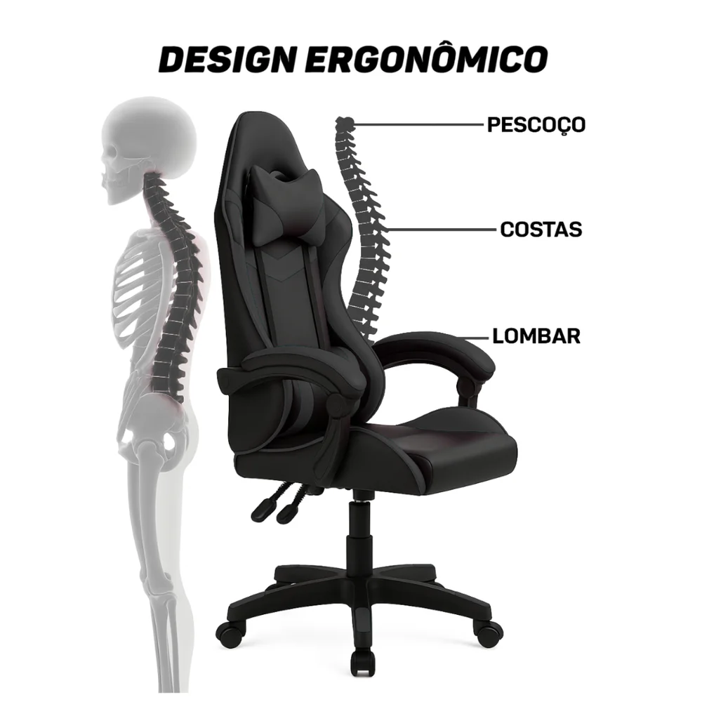 Imagem 3 de 5 do produto Cadeira Gamer Escritório Reclinável Ergonômica Giratória Com Rodinhas X-on - Preto
