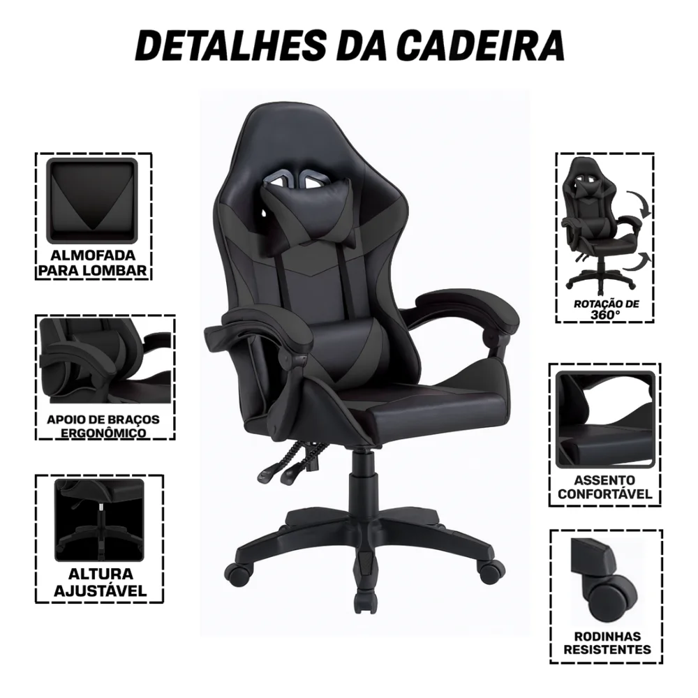 Imagem 5 de 5 do produto Cadeira Gamer Escritório Reclinável Ergonômica Giratória Com Rodinhas X-on - Preto