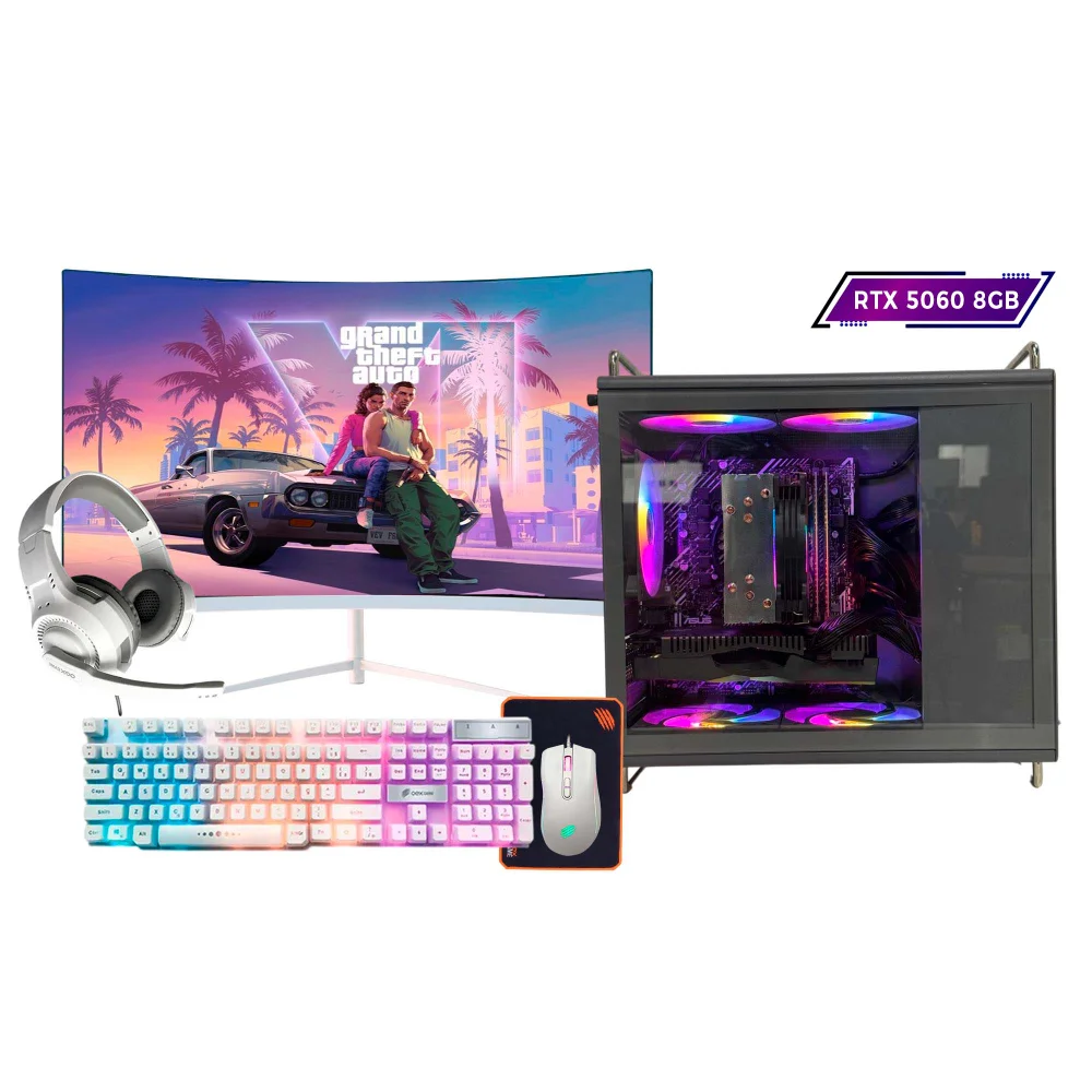 Computador Gamer Intel i9 11ª 64gb Ram, SSD 1TB, RTX 5060 8GB, Monitor 23" Curvo Branco, Gabinete Tiny Pro Cinza