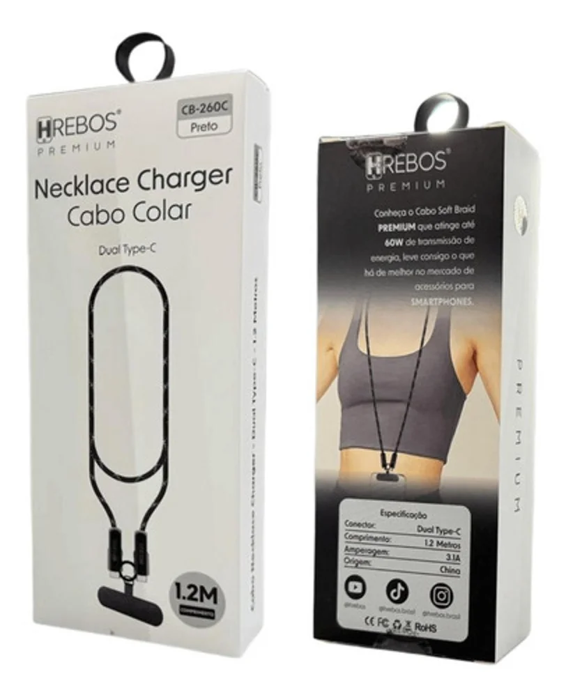Imagem 1 de 4 do produto Cordão De Pescoço  Carregador Dual Type-c Para Celular 1.2m