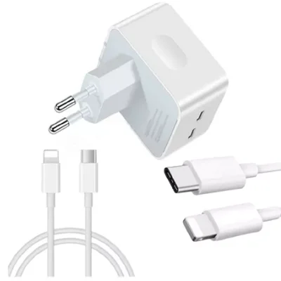 Kit Carregador Cabo+fonte Turbo 2 Entradas Tipo C Para Iphone 7,8,x,xr,11,12,13 E 14