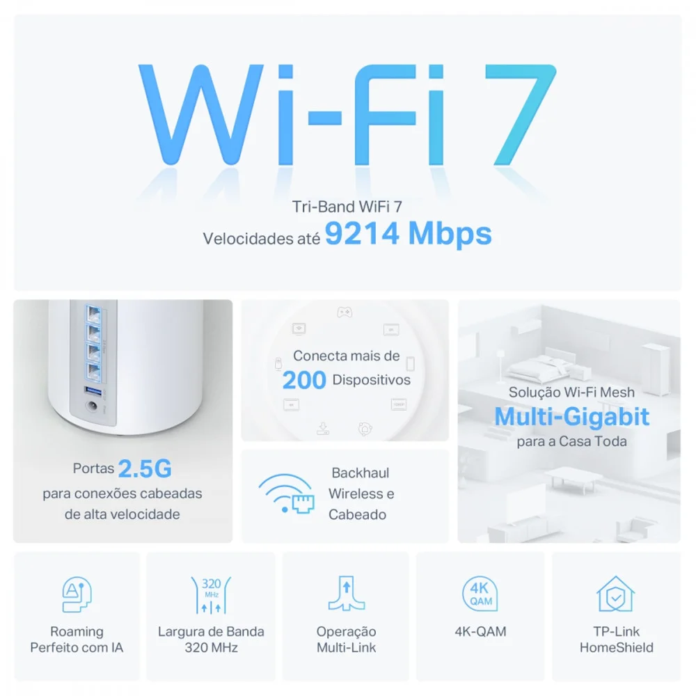 Imagem 4 de 5 do produto Kit 2 Roteador Tp-link Deco Be65 Mesh Be11000  Wi-fi 7 Tri-band Be11000 2.5gbps