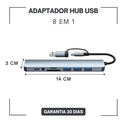 Imagem 2 de 5 do produto Hub Usb-c 8 Em 1 Eco Extensor Com Leitor De Cartão Sd/TF Usb 3.0 e 2.0 Compativel Com WINDOWS E Mac