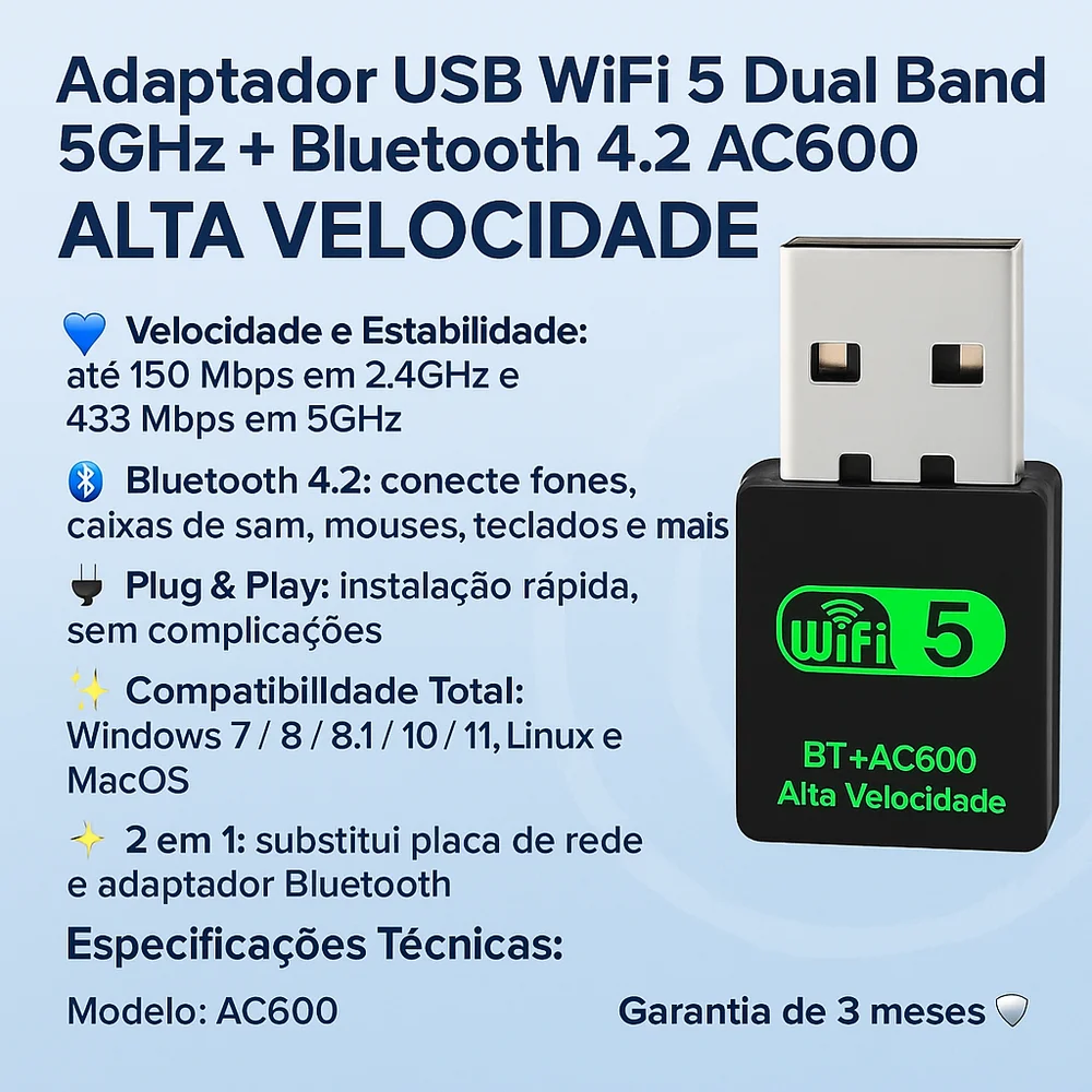 Imagem 2 de 4 do produto Adaptador Usb Wifi 5 Dual Band 5ghz + Bluetooth 4.2 Ac600 – Alta Velocidade!