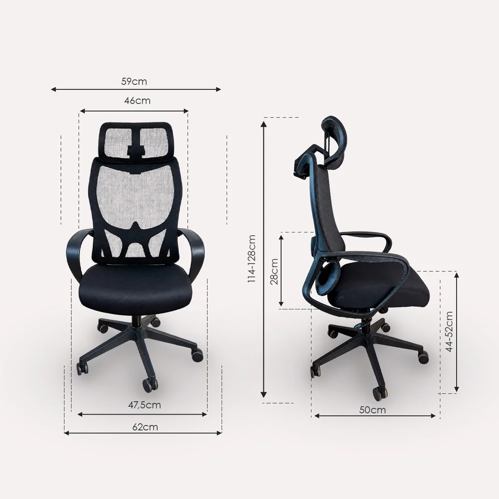 Imagem 2 de 5 do produto Cadeira de Escritório Presidente Oficial Verona Ergonômica com Apoio de Cabeça, Encosto em Tela Mesh Respirável, Braços e Base Giratória - Preta