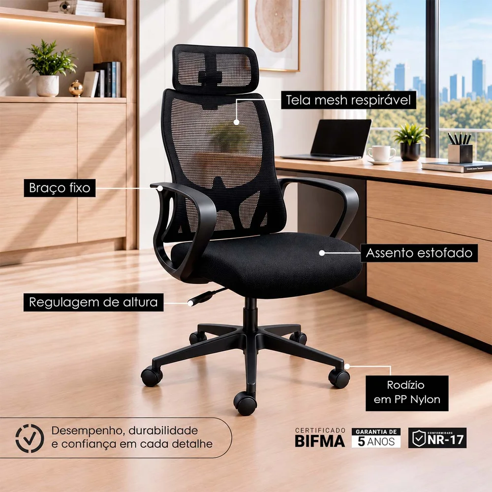Imagem 5 de 5 do produto Cadeira de Escritório Presidente Oficial Verona Ergonômica com Apoio de Cabeça, Encosto em Tela Mesh Respirável, Braços e Base Giratória - Preta