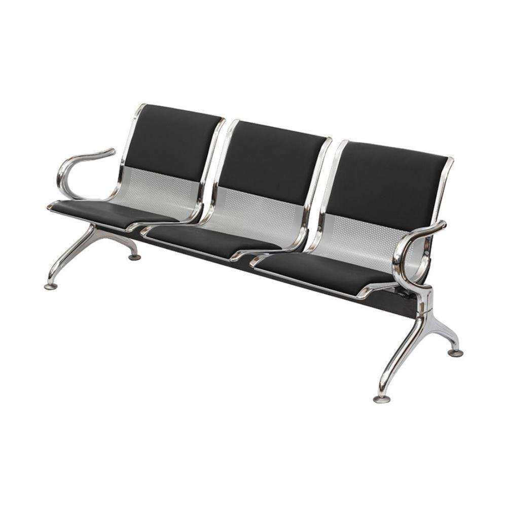 Longarina Estofada 3 Lugares Montreal Ordesign 173cmlargura Pu Preto Aço Cromado Pintura Cinza Braços