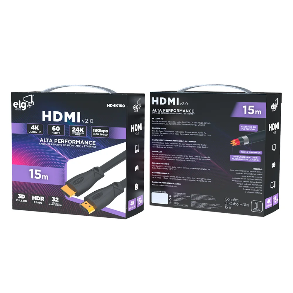 Imagem 5 de 5 do produto Cabo HDMI 2.0, 4k Ultra Hd, 3d Ready, Arc, Ethernet, Alta Velocidade 18GBps, 15 Metros