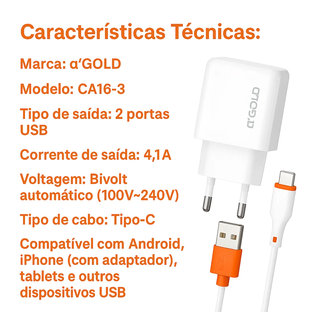 Imagem 3 de 5 do produto Carregador Ultra Rápido  4.1a Com 2 Usb + Cabo Tipo-c – Bivolt Certificado Anatel Alta Performance