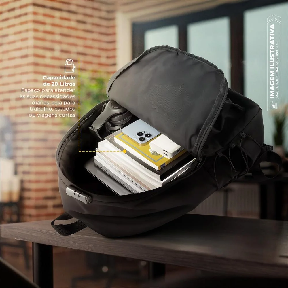 Imagem 2 de 5 do produto Mochila Casual Para Notebook 15,6" Antifurto Com Cadeado, Bolso Invisível, Usb E P2, Expansível Impermeável 20l - Flex